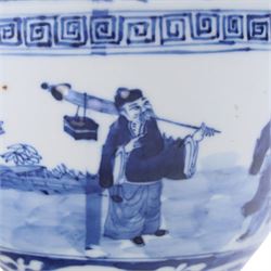Pair of blue and white moulded vases, decorated with dragons amongst clouds, together with two blue and white planters painted, the first decorated with pagodas within a landscape scene, the other with musicians, vases H26cm 