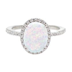 Silver opal and cubic zirconia cluster ring, stamped 925