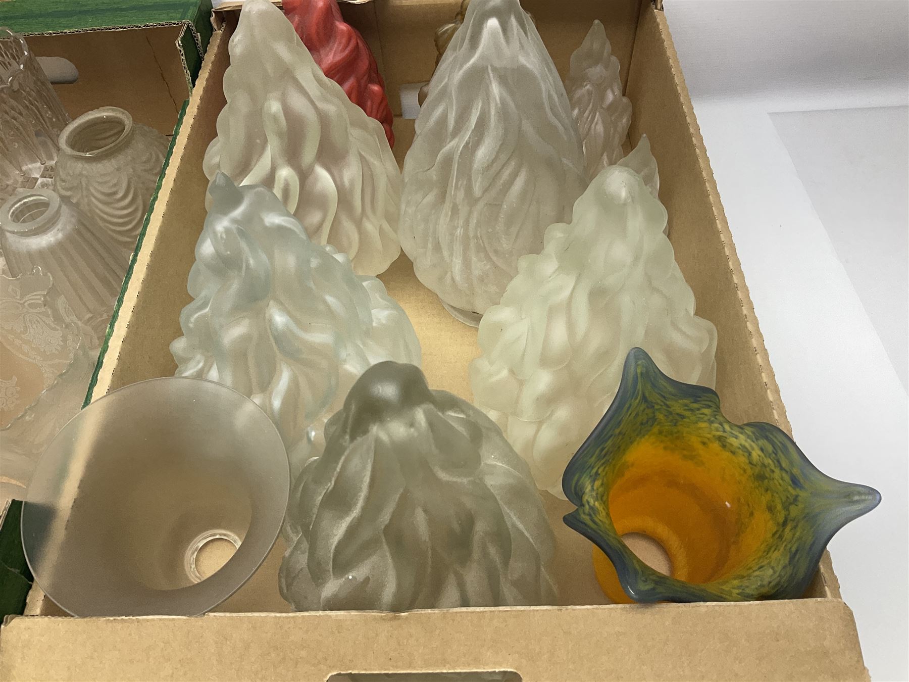 Five frosted glass Flambe lamp shades, together with three similar smaller examples and two coloured examples, and a quantity of other glass lampshades