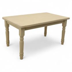 Late 20th century painted pine kitchen table, rectangular top with lightly worn painted su...