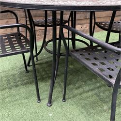 Mosaic and black metal circular garden table and four chairs