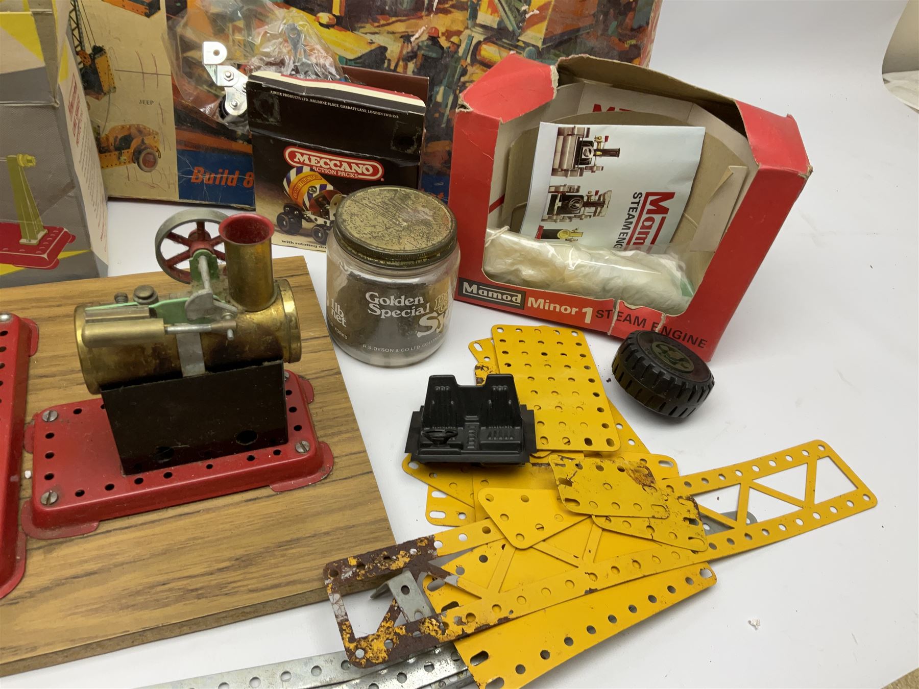 Mamod Minor 1 stationary live steam engine, line shaft, power hammer etc, attached to a wood board, with boxes and a quantity of Meccano 