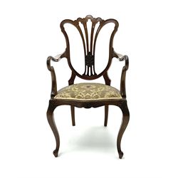 Early 20th century carved walnut framed open armchair, shaped and carved splat, scrolling arms, raised on cabriole supports 