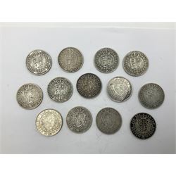 Thirteen Queen Victoria silver half crown coins, dated 1888, 1889, two dated 1890, 1891, 1894, 1896, 1898, four dated 1899 and 1900