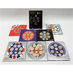 Seven United Kingdom brilliant uncirculated coin collection, 2000, 2003, 2004, 2005, 2006, 2007 and 2008 and a 2008 'Emblems of Britain brilliant uncirculated coin collection, all housed in card folders (8)