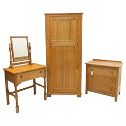 Arts & Crafts design limed oak bedroom suite; comprising dressing table, single wardrobe a...