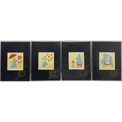 After Tove Jansson (Finnish 1914-2001): Moomin, set of four printed labels, each 6.5cm x 5.5cm (mounted) 
Notes: these labels were exclusively printed for Stockmann luxury department store in Helsinki and NK Stockholm in 1956 to be used for the commercial Moomin products manufactured by former Vaasan Saippuatehdas (1886-1987) in Vaasa Finland.