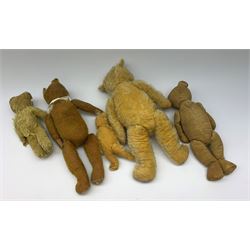Five 1930s English teddy bears including large Chiltern with swivel jointed head, glass eyes, vertically stitched nose and mouth and jointed limbs H20