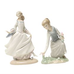Four Lladro figures and two Nao examples, including Cinderalla, girls picking flowers, girl sewing, etc (6)