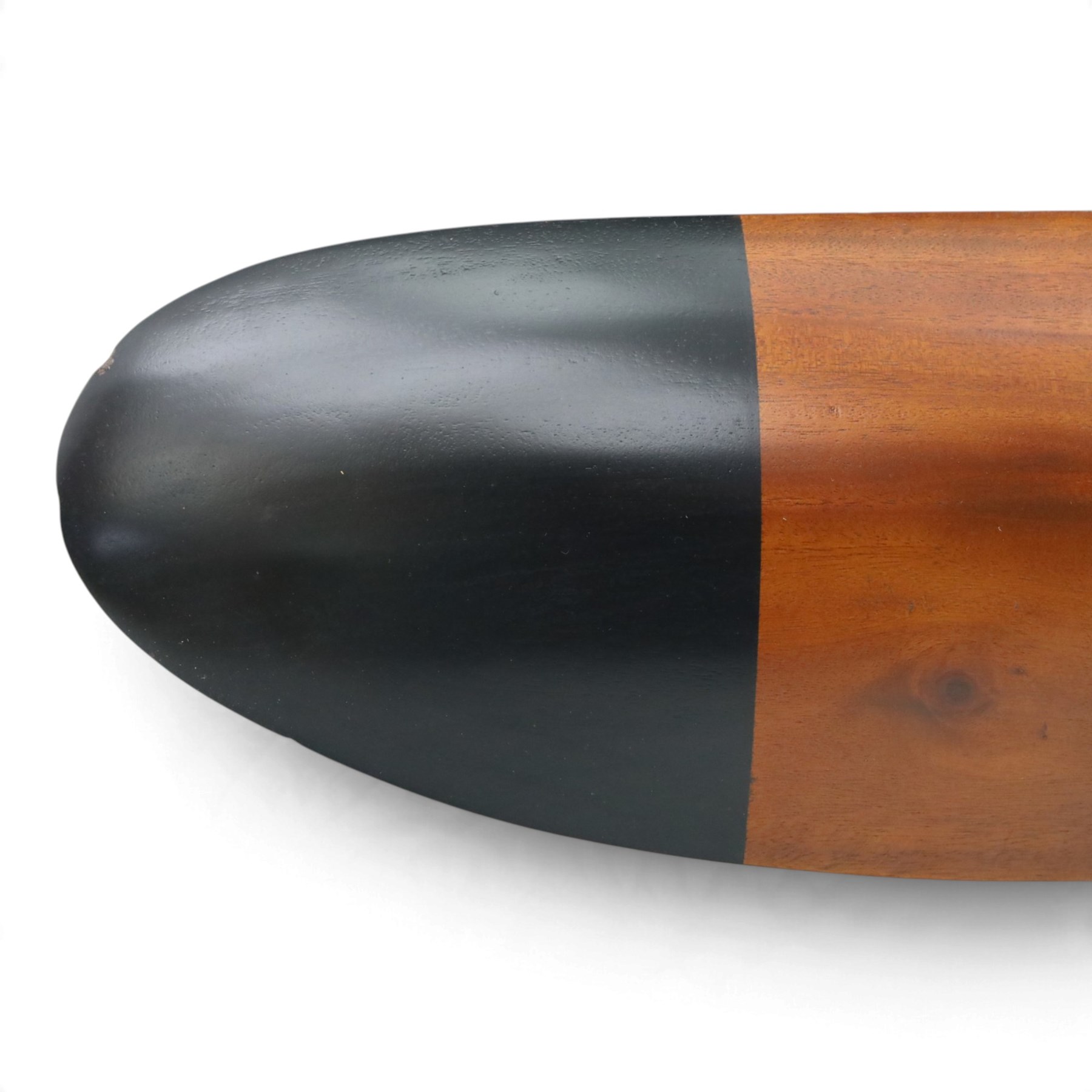 Aviation design two-blade mahogany propeller, shaped blades with black painted ends, central mounting aperture within a circular six-bolt metal hub plate