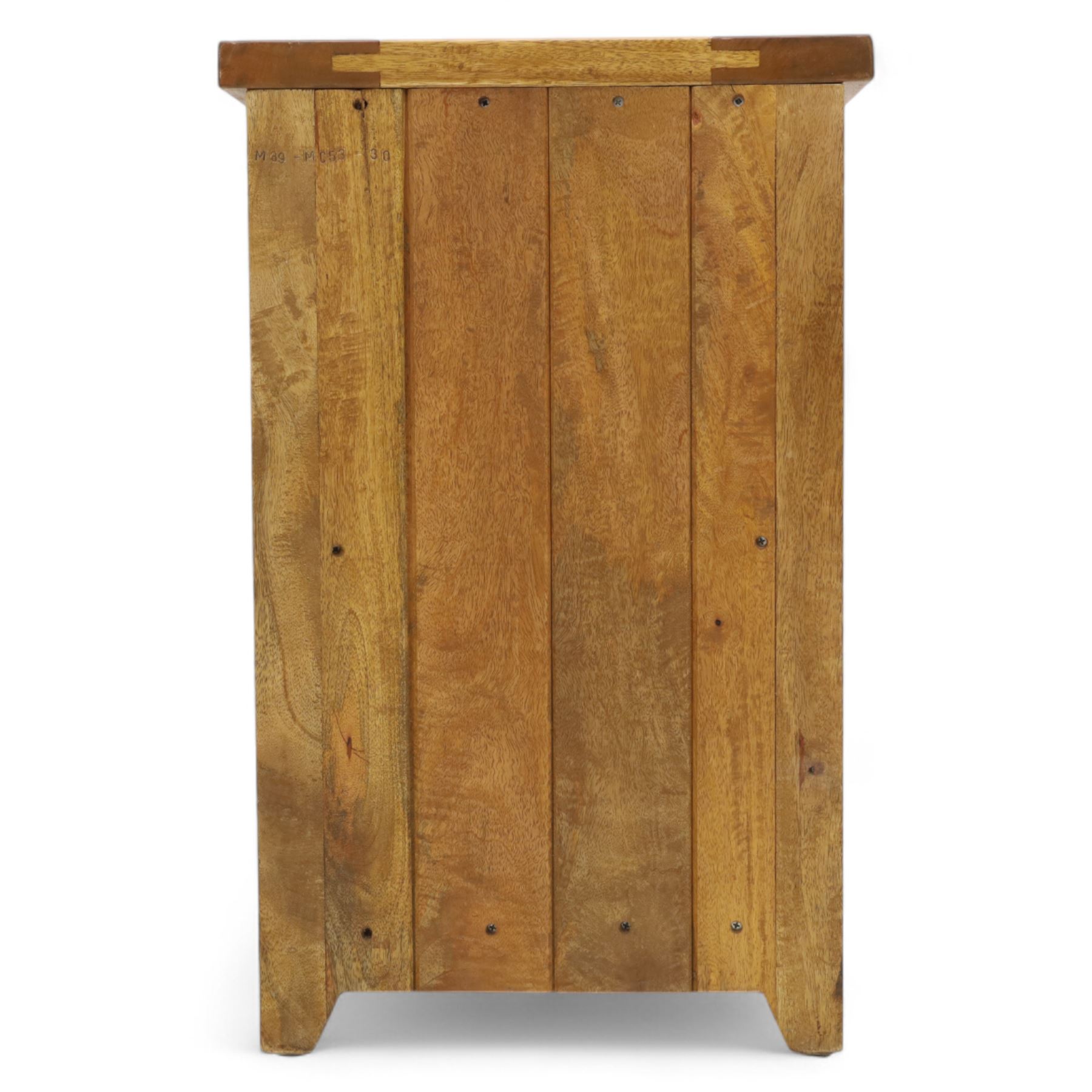 Two hardwood bedside chests,  of rectangular form, fitted with three drawers with recessed brass handles, panelled sides, and flush top, W55xD40xH68cm & W45D45xH68cm 