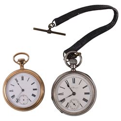 German silver beaker (800 standard), silver plated trophy cup, silver pocket watch, gold plated screw back pocket watch, five silver shilling coins, and some further coins