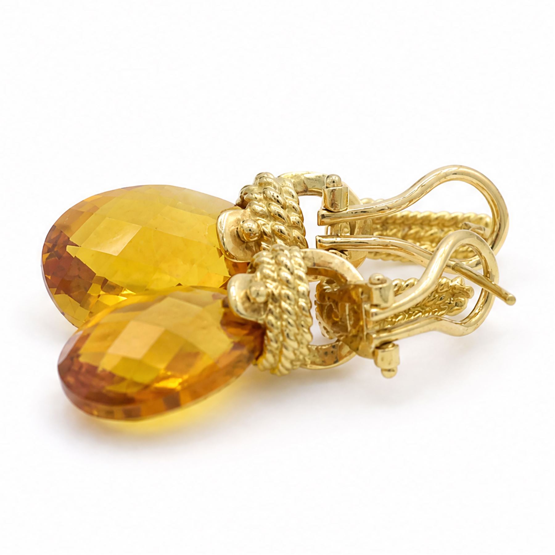 Pair of 18ct gold citrine pendant earrings, each stud with a rope twist half hoop, suspending a detachable briolette cut citrine, with twist mount, stamped 750