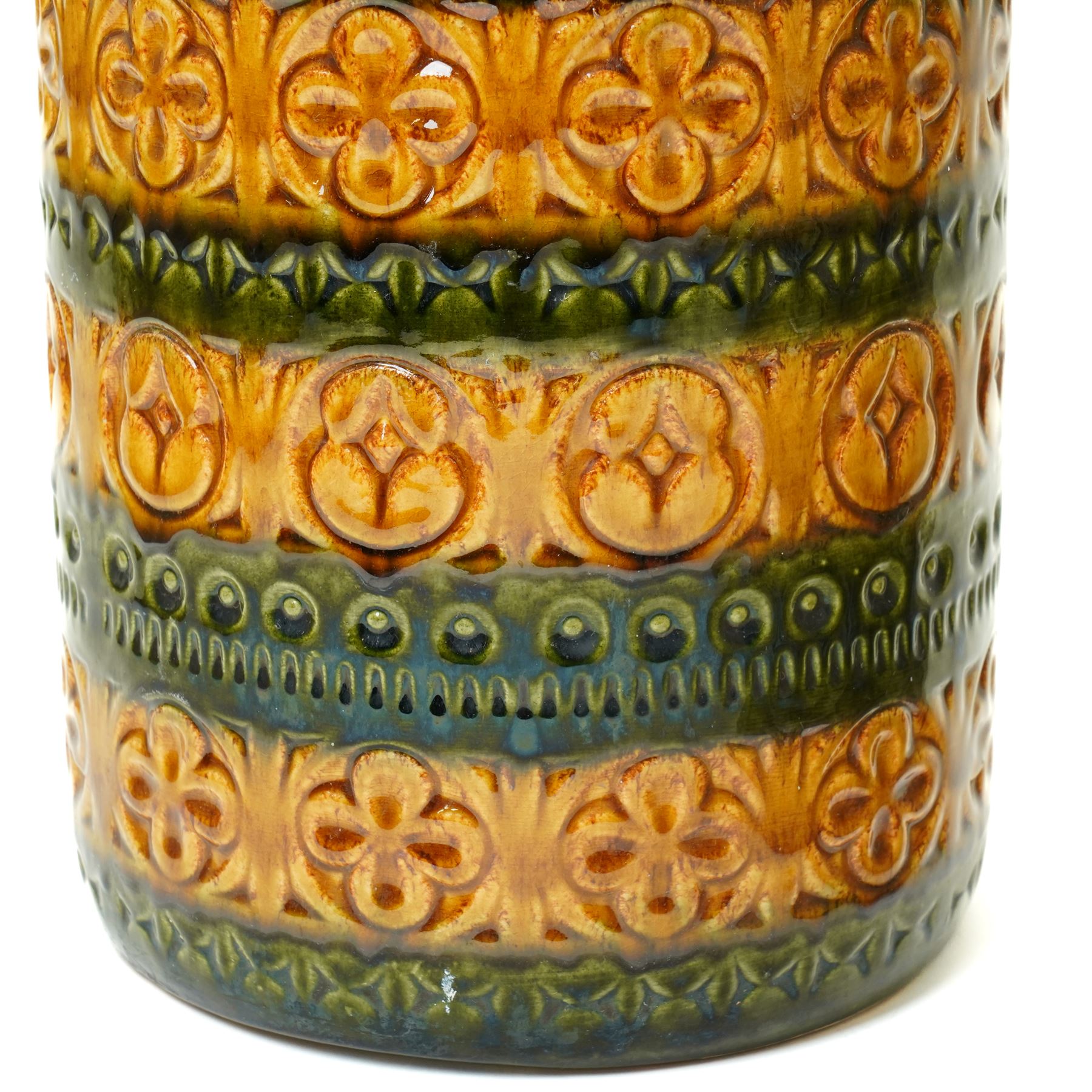 Large West German square section mid-century vase decorated in cream with roundels H49cm and two cylindrical West German vases (3)