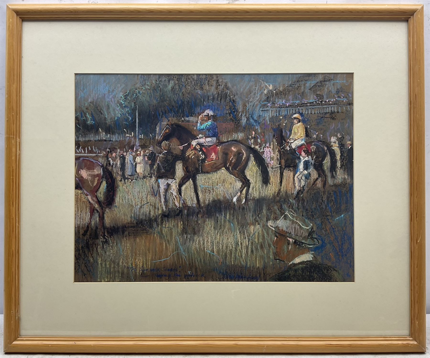 John Hatfield (British 1933-): 'The Gimcrack Stakes - Leaving the Paddock' York Races, oil and oil pastel signed and titled, artist's York address label verso 37cm x 50cm