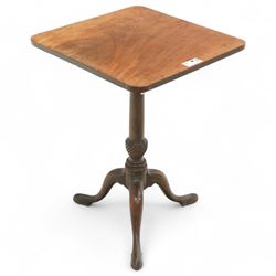 George III mahogany tripod table, square tilt-top with rounded corners, turned pedestal with twist baluster on three out-splayed supports (51cm x51cm, H71cm); together with another tripod table (63cm x 59cm, H70cm)