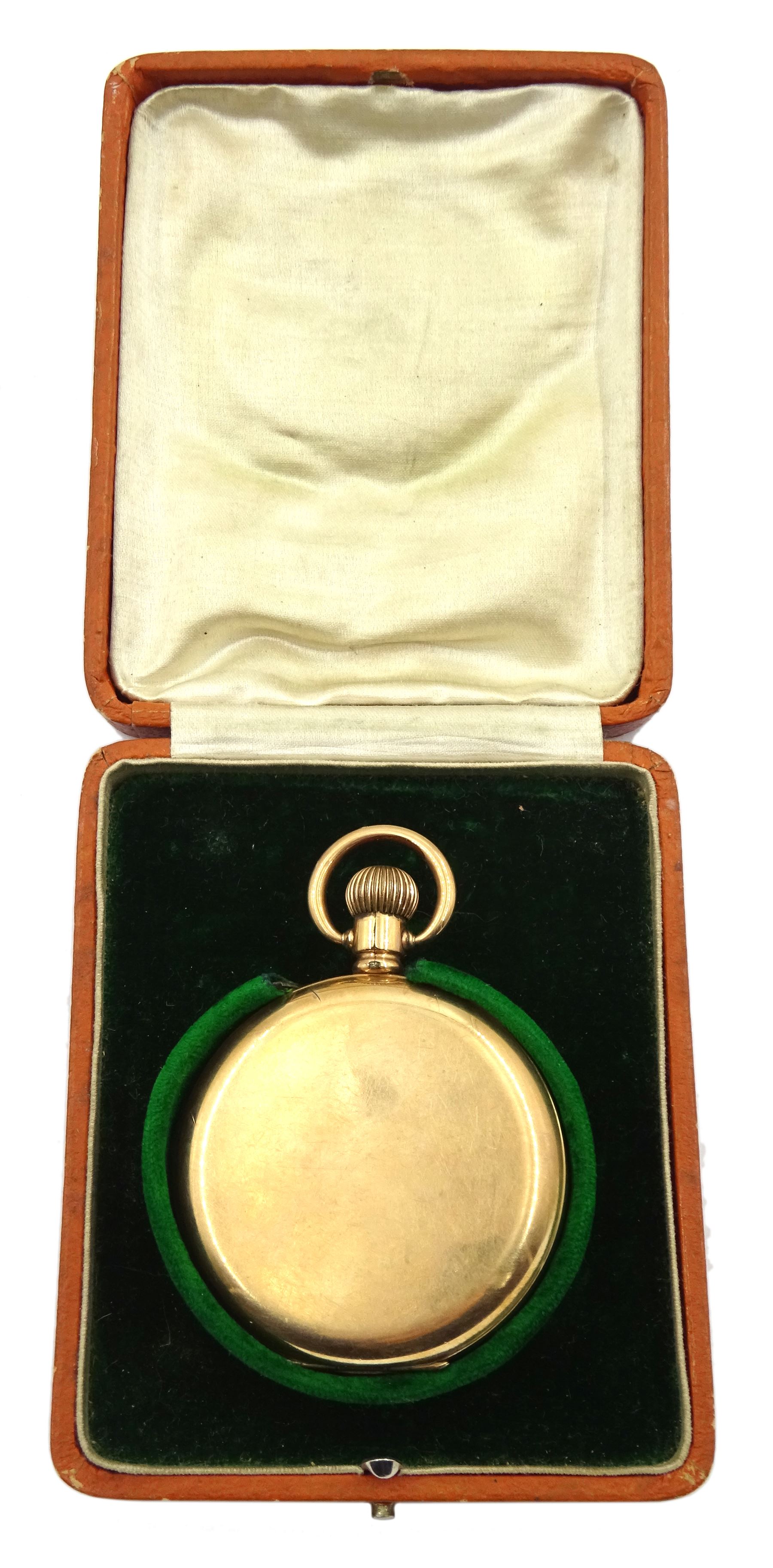 Gold plated Waltham Traveler full hunter keyless lever pocket watch, No. 17654125, white enamel dial with Roman numerals, boxed