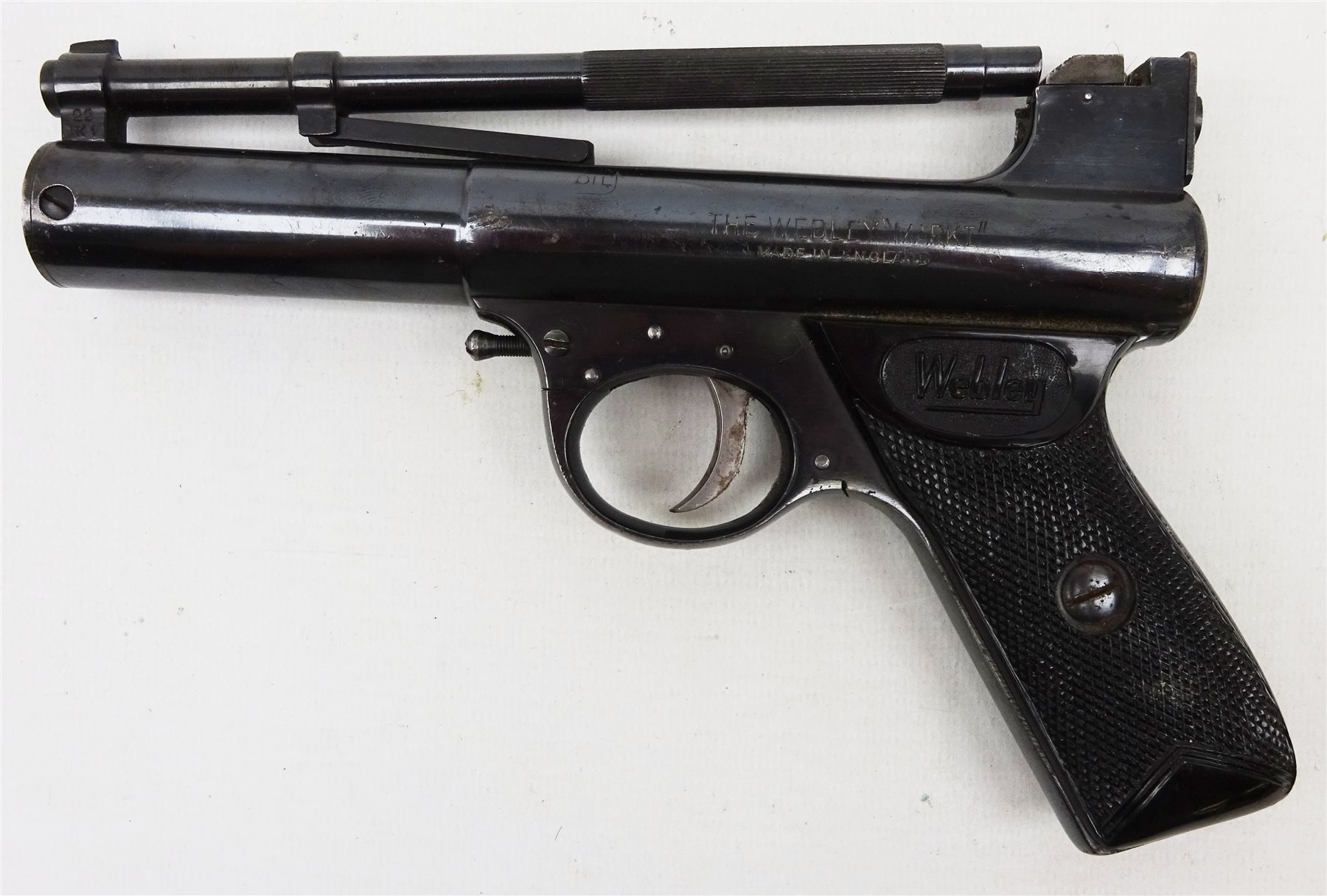 ley Mk 1 top break action .22cal air pistol, No.497, with an original tin of ley .22 cal
