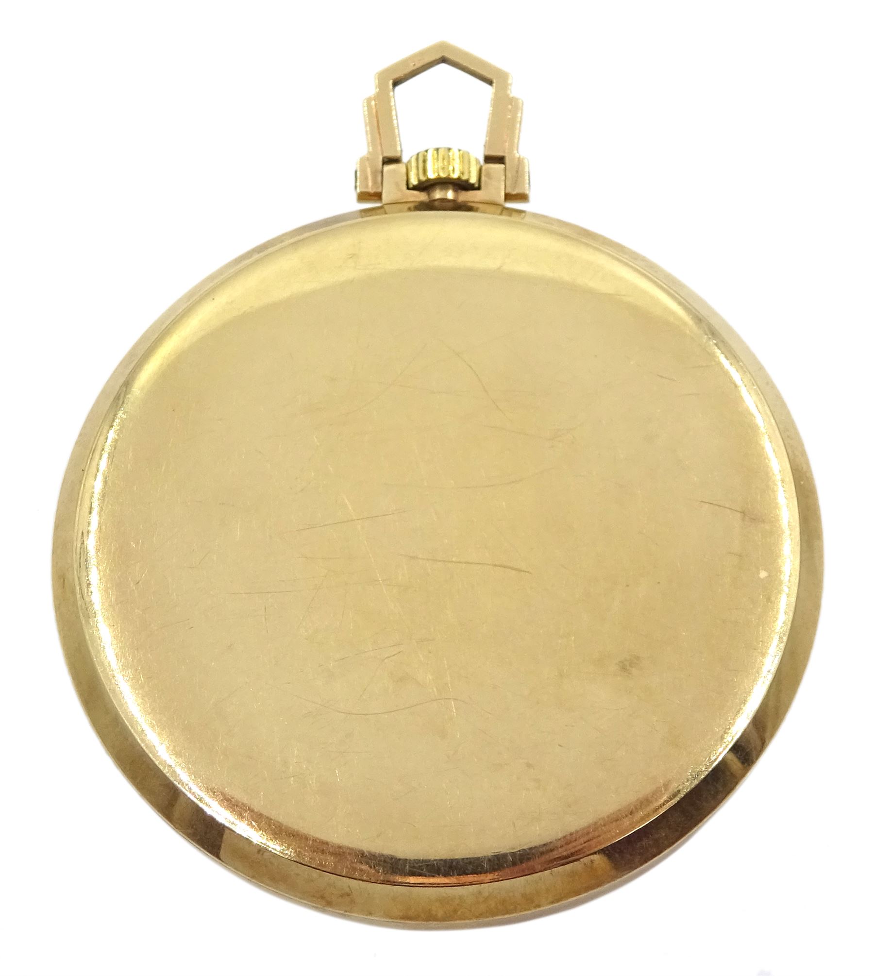 9ct gold open face keyless lever pocket watch by Tissot, silvered / cream dial with Arabic numerals and subsidiary seconds dial, case by Dennison, Birmingham 1958, cased