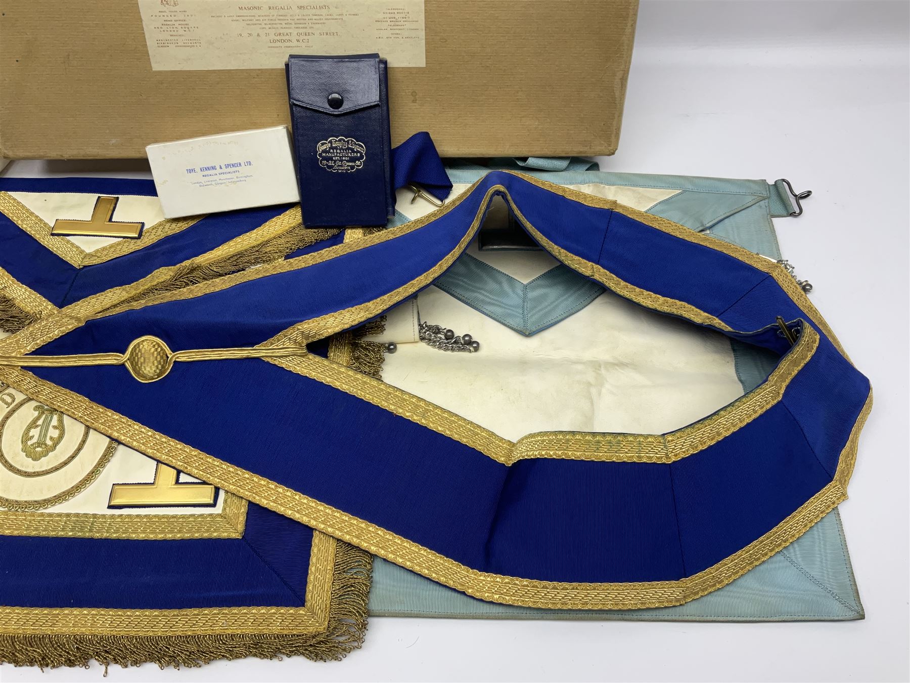 Masonic regalia, including silver gilt St Nicholas Lodge jewel, hallmarked, a plated Royal Masonic Institution for Girls jewel, sash and kid leather apron etc