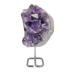 Amethyst crystal geode cluster, with large well-defined crystals, upon a metal stand, H21cm