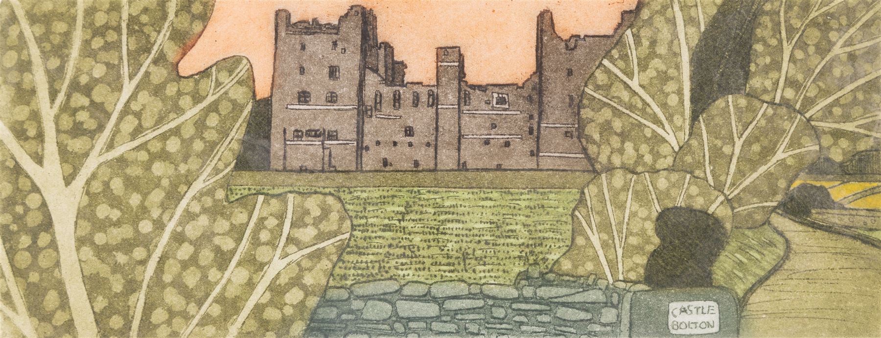 John Brunsdon ARCA (British 1933-2014): Views of Bolton Castle - Wensleydale, set three limited edition coloured etchings with aquatint signed titled and numbered in pencil 29cm x 11cm (3) (2 unframed)