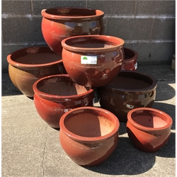  Set eight graduating glazed composite belly pot planters, D45cm, H29cm (max)  