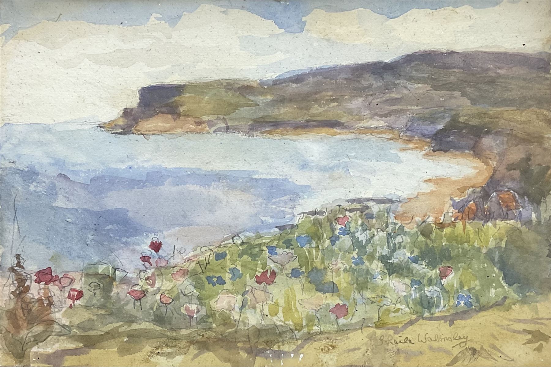 Sheila Walmsley (British mid 20th century): Spring Flowers above Robin Hood's Bay, watercolour over pencil signed 17cm x 25cm 
Notes: Sheila was James Ulric's (1860-1954) daughter.