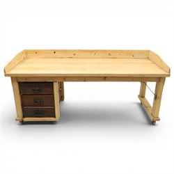 Mid-20th century pitch pine and beech bakers table, three quarter galleried rectangular pl...
