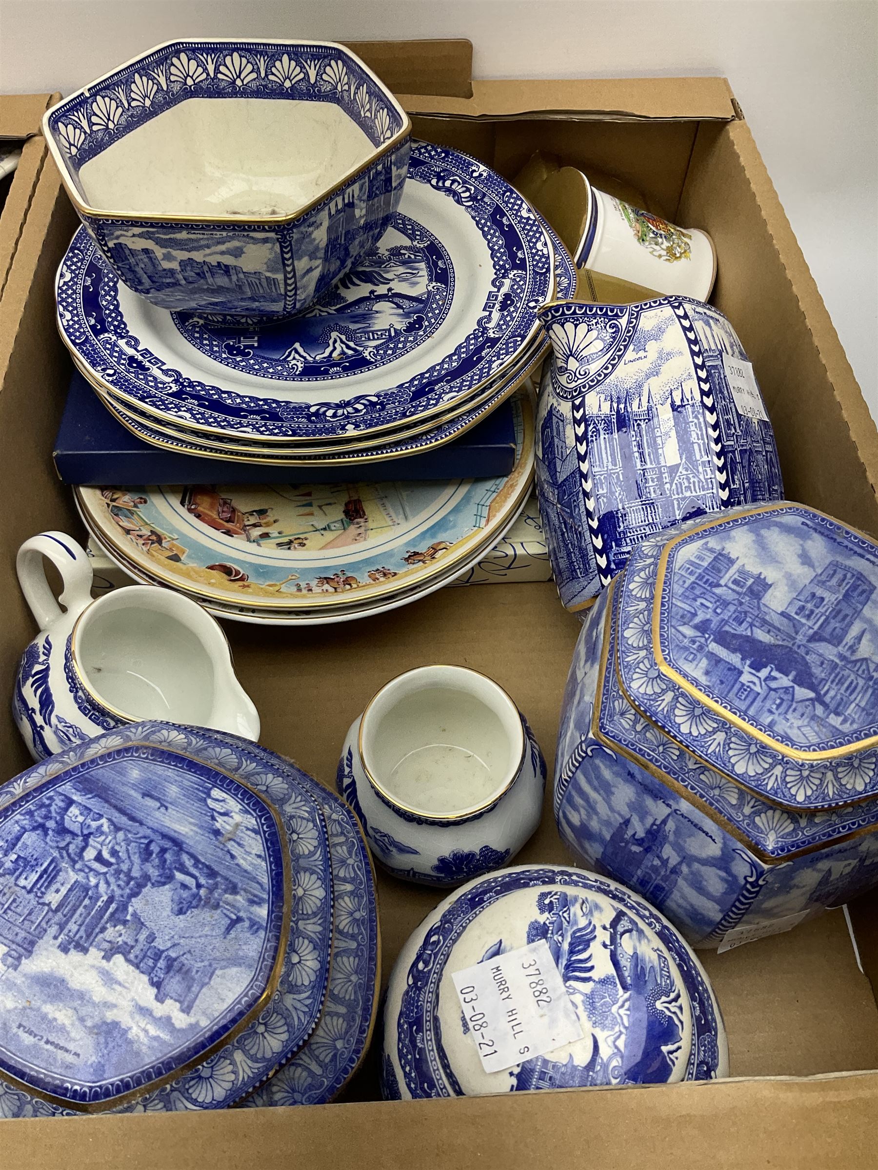 Collection of Ringtons tea and dinnerware, including a set of willow pattern milk jug and sugar bowl,  teapot and milk jug with floral decoration, a selection of storage jars etc, two boxes. 