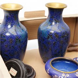 Pair of Chinese cloisonne vases with a paper label inscribed Middle Kingdom, other cloisonne items, hardstone eggs, three netsukes etc