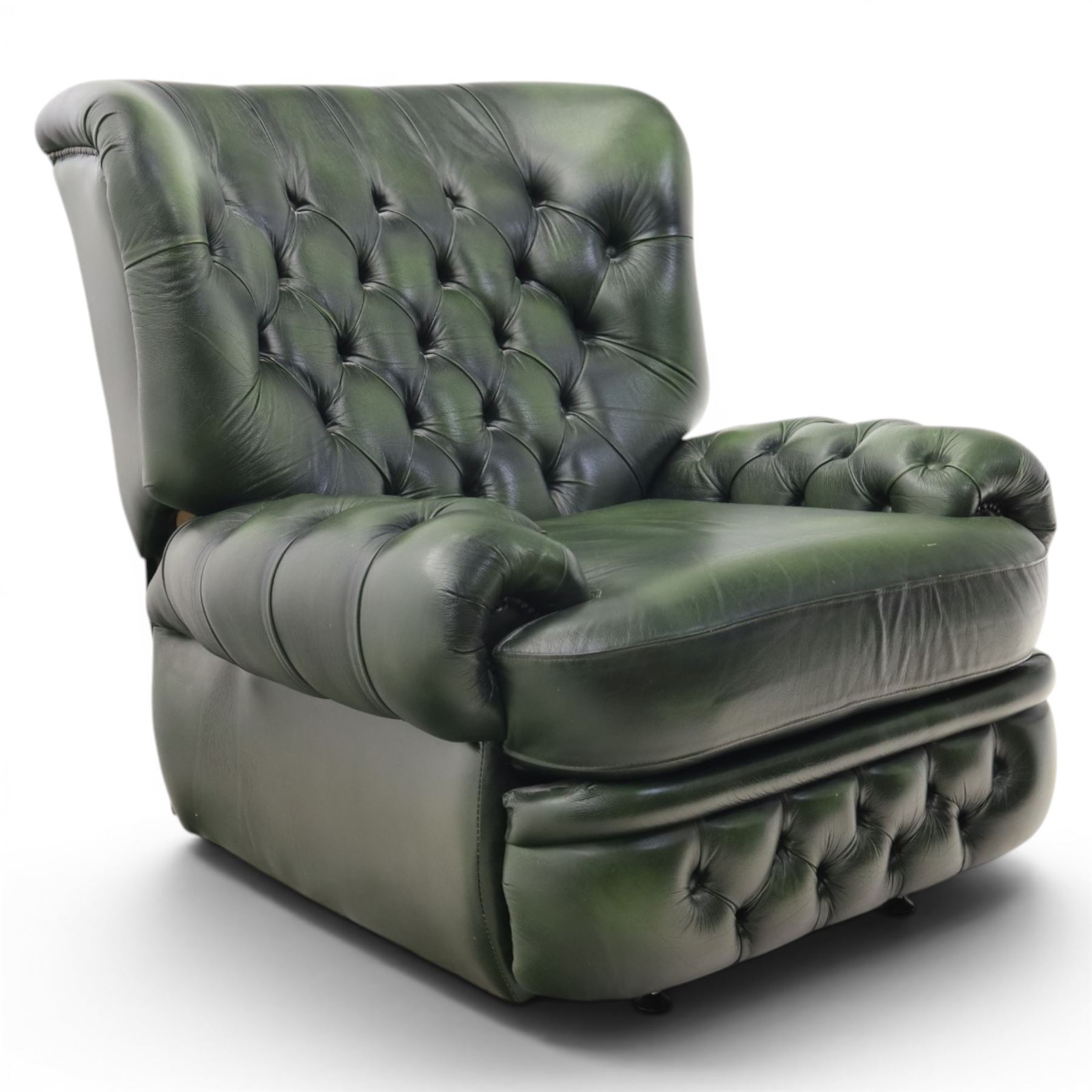Thomas Lloyd - green leather chesterfield armchair, buttoned back, apron arm rests