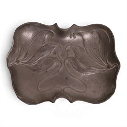 Friedrich Adler for Osiris - Jugendstil Isis pewter tray decorated with flowers, with impressed mark beneath, together with bronze letter opener and fawn figure, tray L13cm