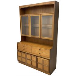 Nathan - teak wall display cabinet, enclosed by three glazed doors, fitted with four drawers and three cupboards 