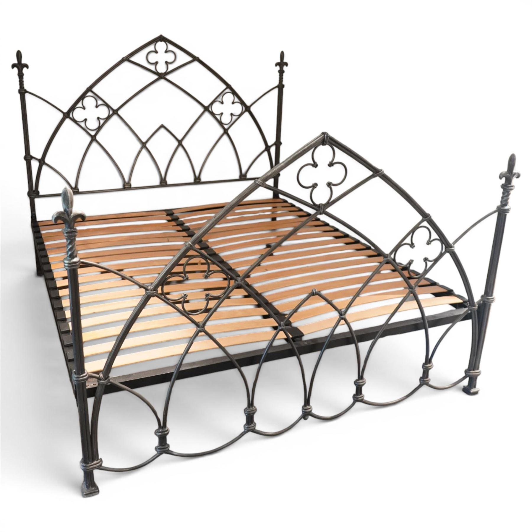 And So To Bed - 'Gothic' 6ft super king with slatted base, forged iron construction with silvered finish, wooden slatted base 