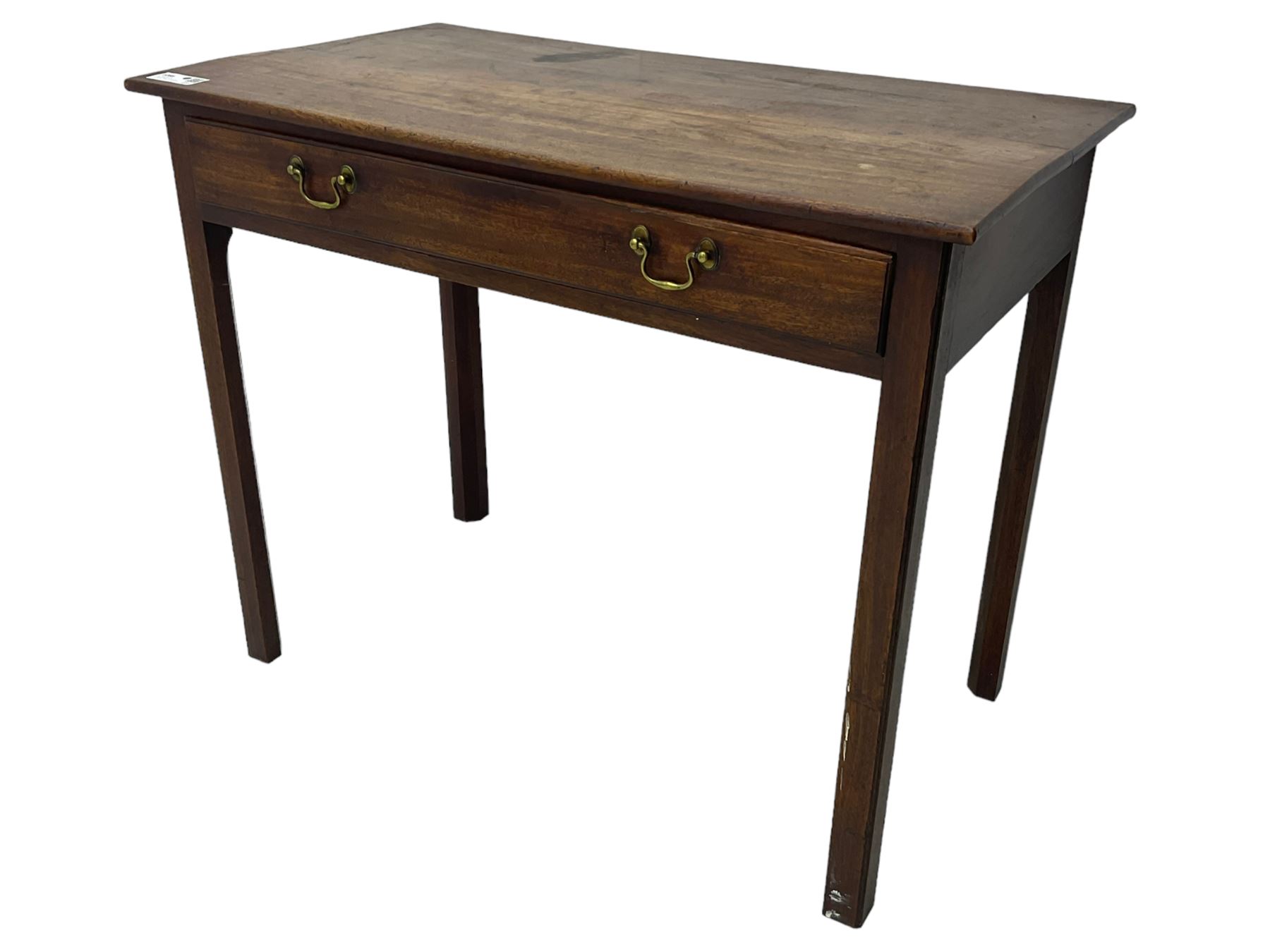 Early 20th century oak side table, rectangular top with rounded edges over single frieze drawer with brass pull handles, raised on square supports