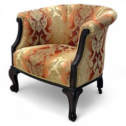 Early 20th century mahogany framed upholstered tub armchair, scrolled arms, upholstered in...