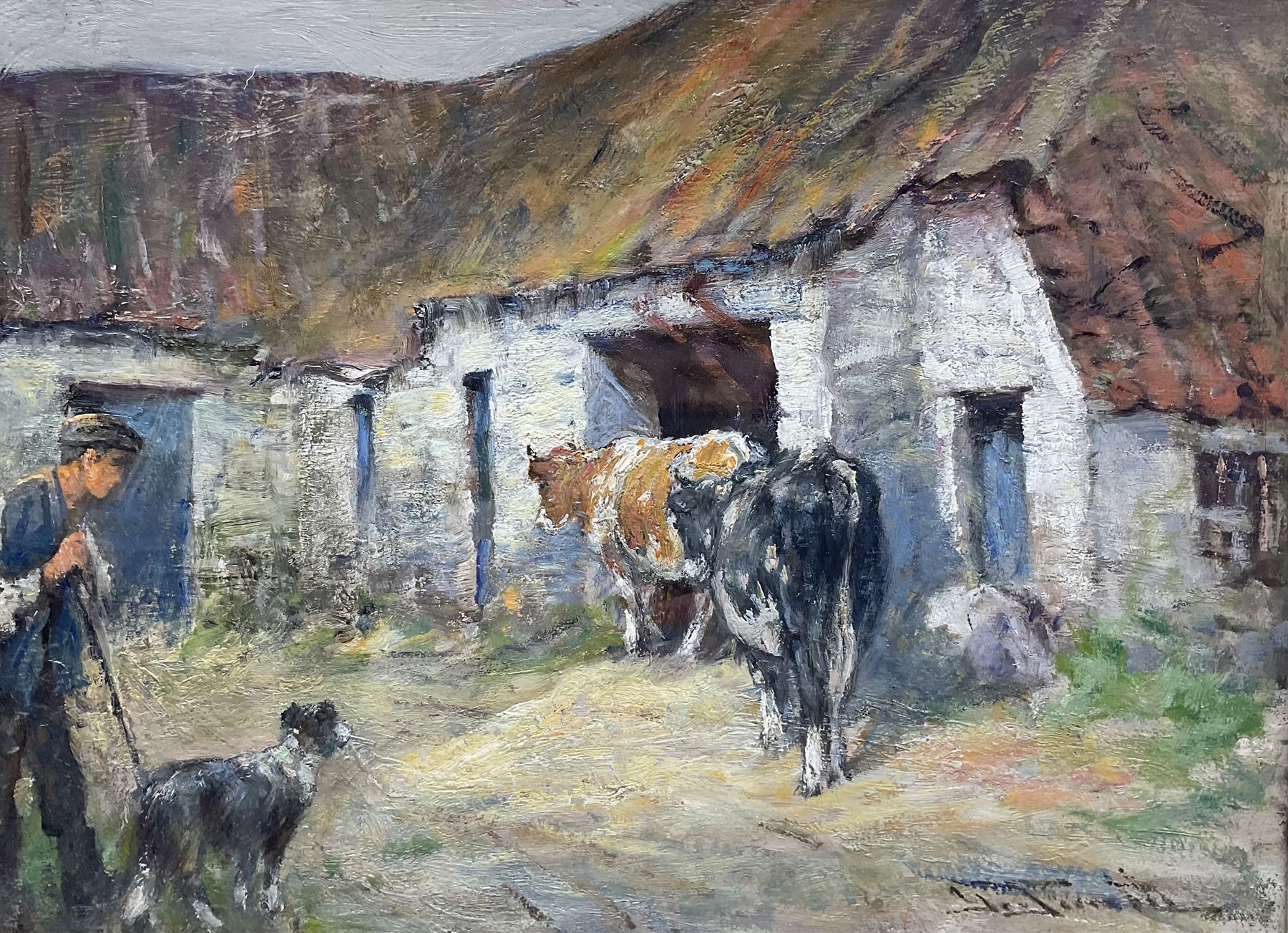 George Smith (Scottish 1870-1934): Cattle and Sheepdog in the Farmyard, oil on board signed 29cm x 39cm