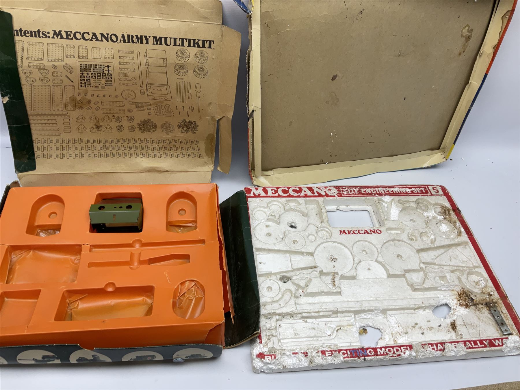 Mamod Minor 1 stationary live steam engine, line shaft, power hammer etc, attached to a wood board, with boxes and a quantity of Meccano 