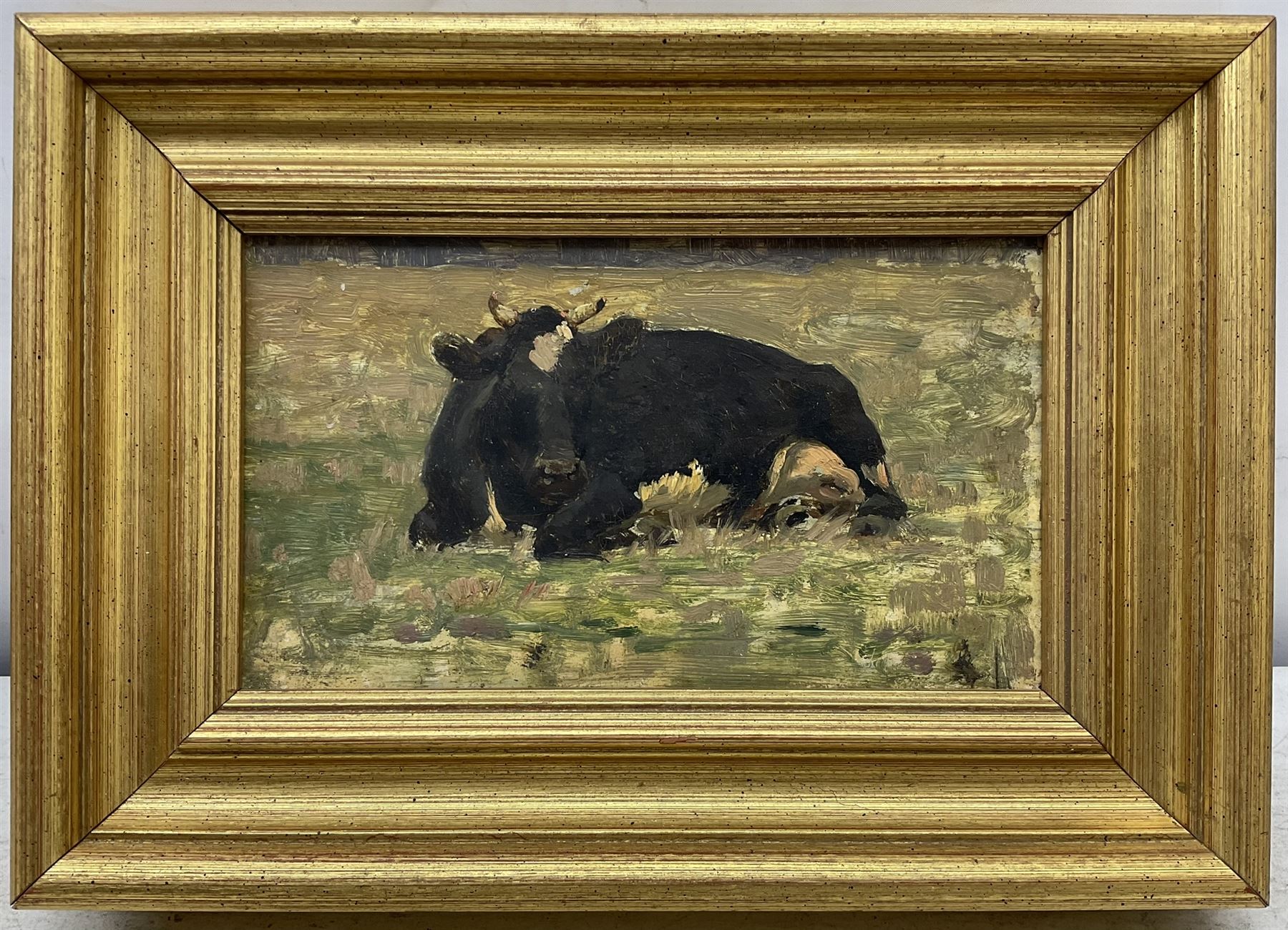 José Weiss (British 1859-1919): Cattle Resting, pair oils on mahogany panel, signed verso 13cm x 23cm (2)