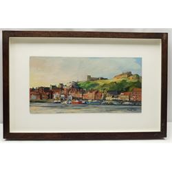 David James Carr (Northern British 1944-2009): Whitby East Cliff, oil on board signed 20cm x 40cm
