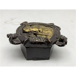 Four cast-iron money banks - 'Bear On Hind Legs bank' c1906 H16cm; 'ERII English Throne Bank' 1953 H21cm; both made by John Harper; 'Tally-Ho Bank' c1906 by Chamberlain & Hill H11.5cm; and 'Westminster Abbey Bank' c1908 by Sydenham & McCoustra H16cm (4)