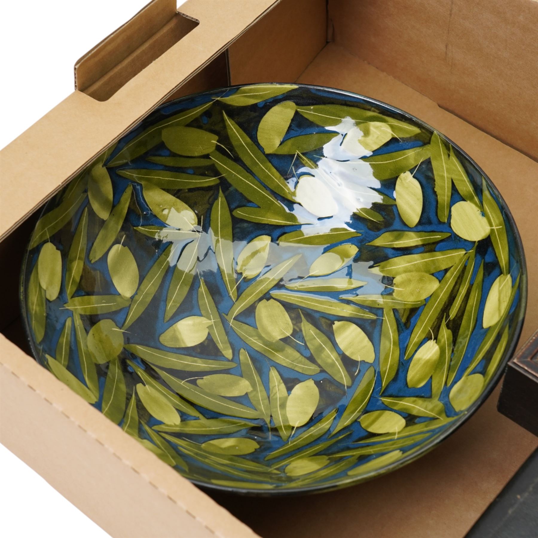 Sophie MacCarthy studio pottery bowl with olive decoration, leather jewellery box; and two framed plaques of Dante & Raphael 