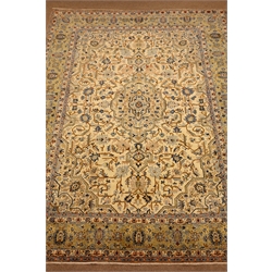 Persian Kashan rug carpet, ivory ground with central medallion, trailing foliage, repeating border, 390cm x 295cm  