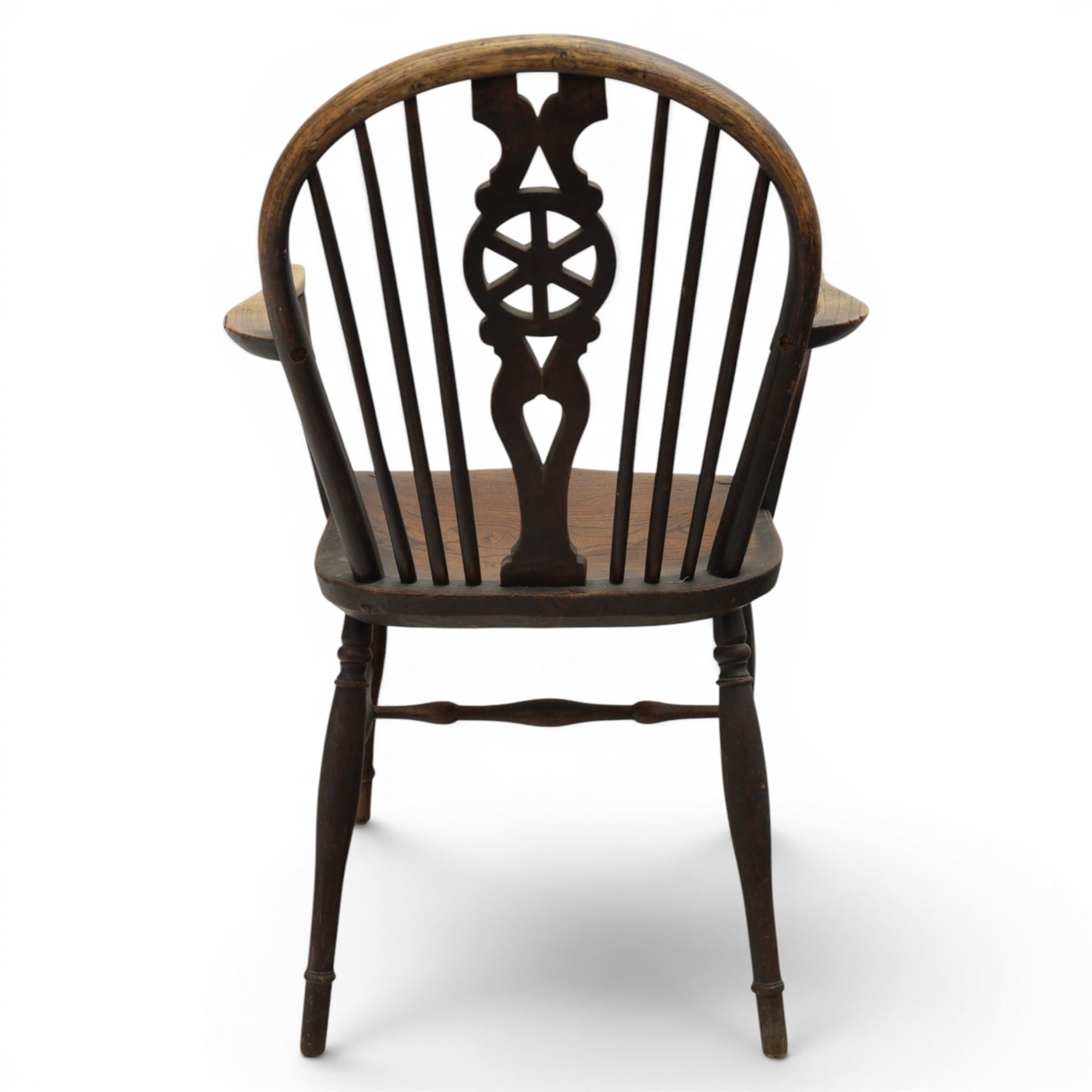 Late 19th century elm and ash low-back Windsor chair, swept arms raised on turned supports  united by H-stretcher