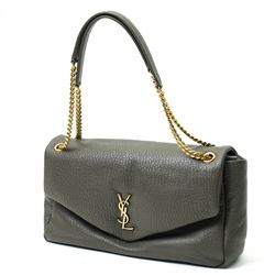 Yves Saint Laurent Calypso large shoulder bag, grey grained leather with envelope flap and gold-tone Cassandre monogram, sliding chain and leather shoulder strap, magnetic fastening, interior lined in black textile with zip pocket and leather brand tab stamped Saint Laurent Paris, made in Italy, together with original Saint Laurent dust bag, W37cm D10cm H22cm