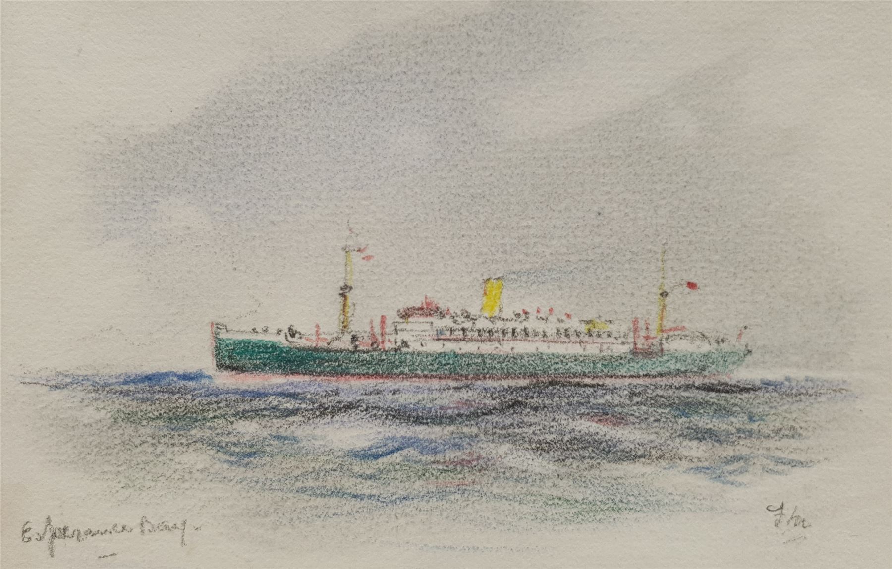 Frank Henry Mason (Staithes Group 1875-1965): 'Esperance Bay' - Steam Liner, crayon sketch signed with initials and titled 9cm x 14.5cm, attached inside a Tuck card depicting Big Ben
Provenance: from the estate of Christine Dexter and by descent from the artist's sister Eleanor Marie (Nellie)