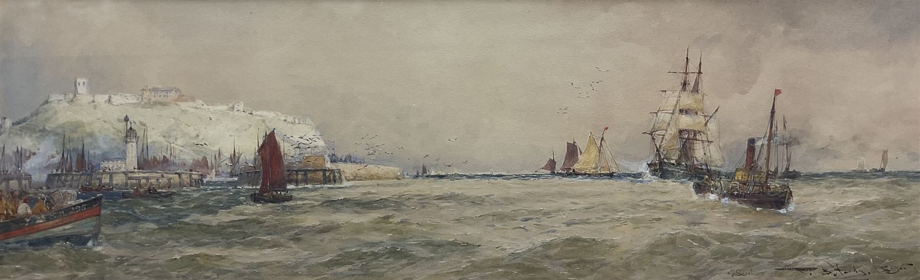 Thomas Bush Hardy RA RBA (British 1842-1897): ‘Off Scarborough’, watercolour signed titled and dated 1895, original John Linn & Sons label verso 22cm x 71cm 
Provenance: private collection, purchased David Duggleby Ltd 23rd June 2017 Lot 1; Bonhams Chester 4th-6th December 2012 Lot 353