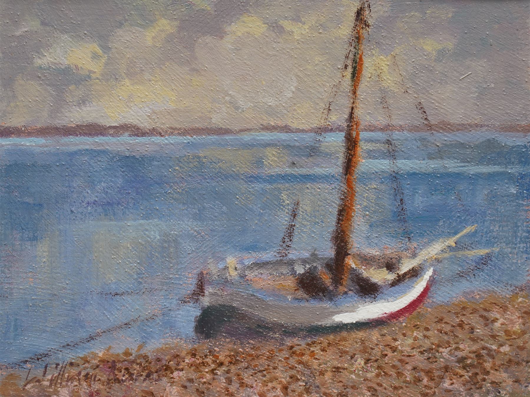 William Burns (Northern British 1923-2010): 'Boat on the Beach', oil on board signed, titled verso 15cm x 20cm