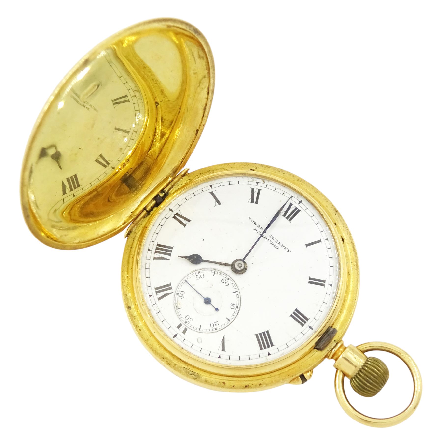 Early 20th century 18ct gold full hunter keyless lever pocket watch by Edward Sweeney, Bradford, No. 735425, white enamel dial with Roman numeral hour markers and subsidiary seconds dial, case by William Ehrhardt, Birmingham 1918